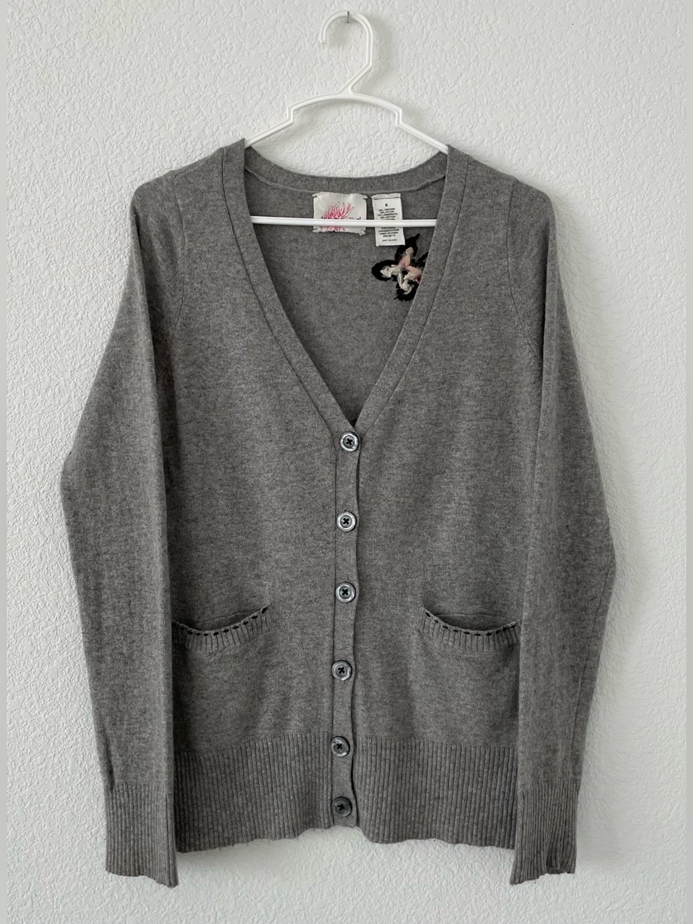 Anthropologie Gray V-Neck Button Cardigan Sweater
